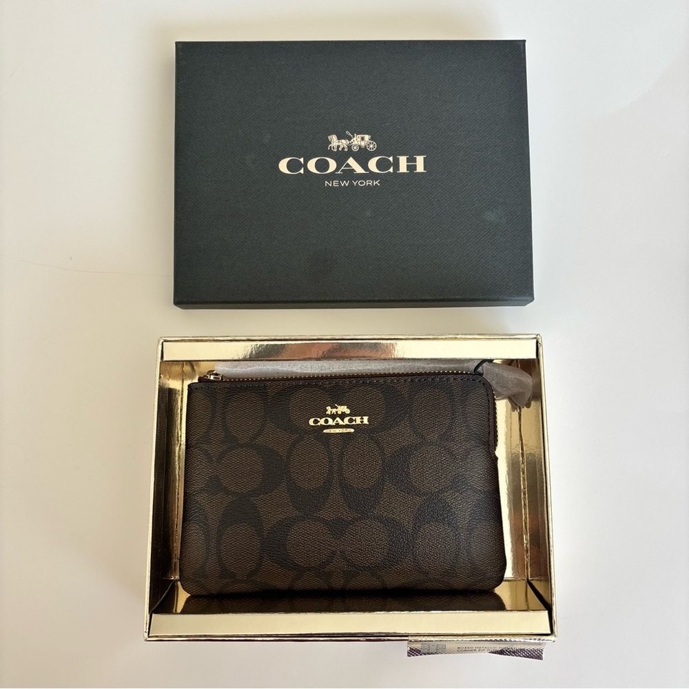 NWT Coach Signature Metallic Corner Zip Wristlet Dark Brown Red Strap